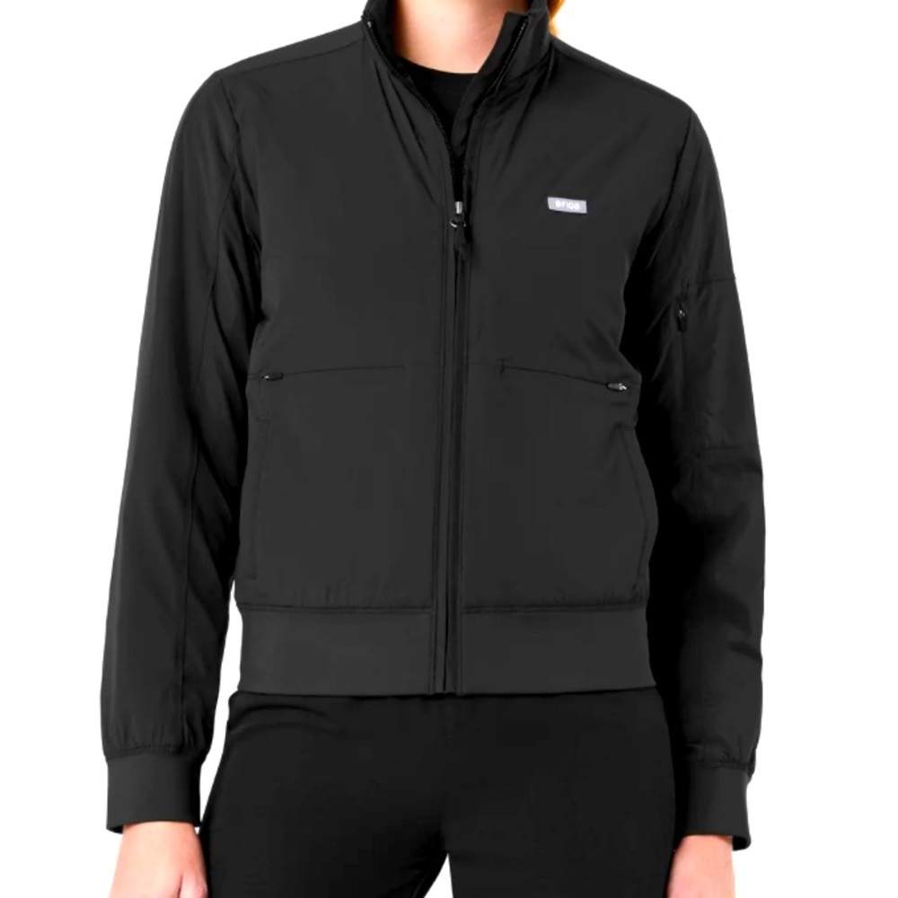 New, Black FIGS On-Shift Float Bomber Jacket - Women Size L, Multiple Pockets